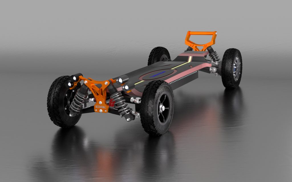 Ecomobl M24 2WD off-road electric skateboard, orange suspension, all-terrain tires