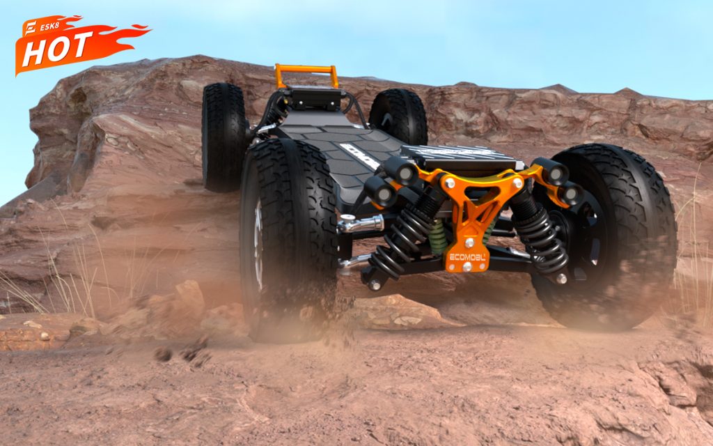 Ecomobl M24 PRO off-road electric skateboard, orange suspension, navigating dirt trail, HOT sale