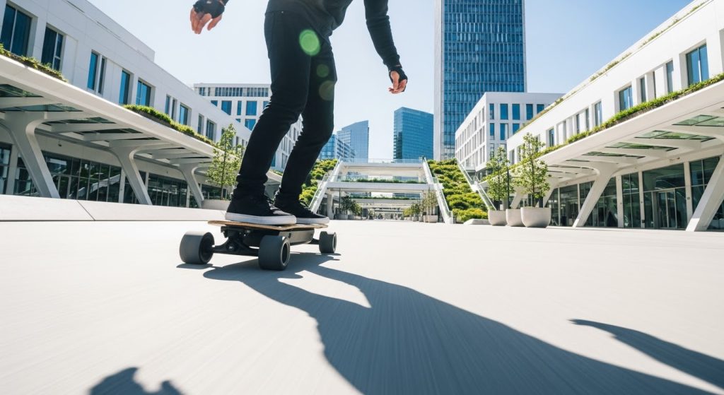 A person riding electric skateboard in city