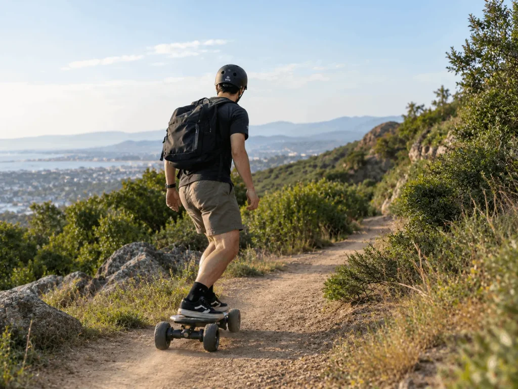 riding an electric skateboard on off-road trail