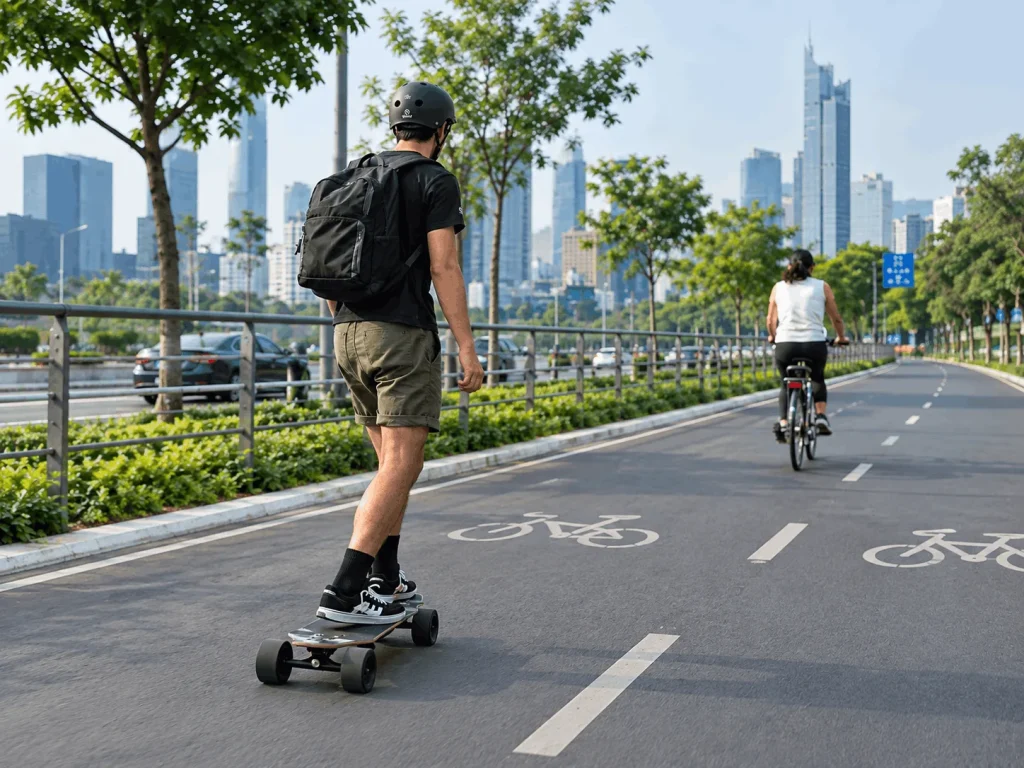 riding an electric skateboard on shared bike lanes