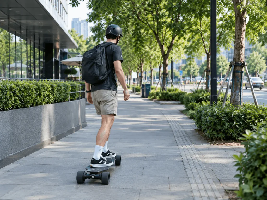 riding an electric skateboard on sidewalk